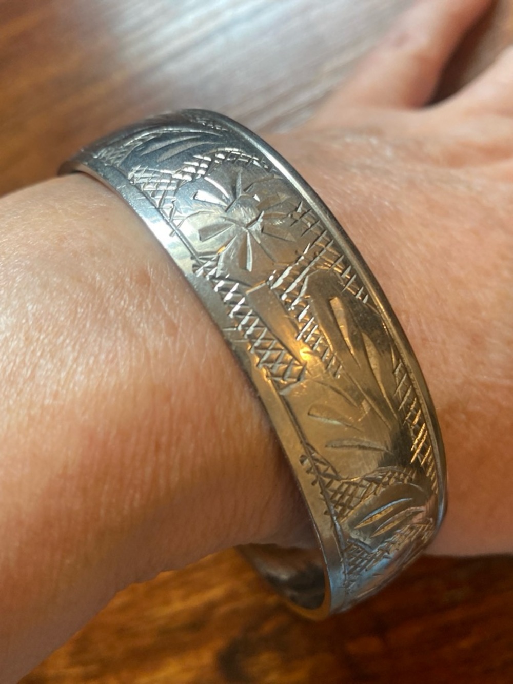 Engraved Floral Metal Cuff Bracelet - Silver Tone